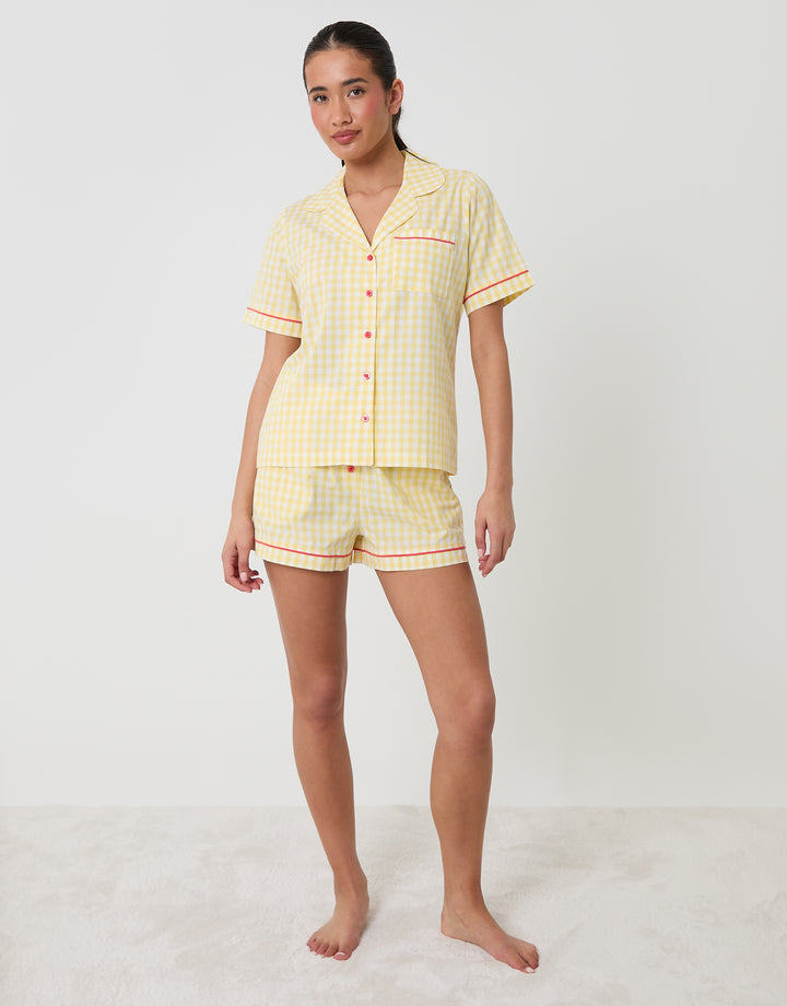 Threadbare Cotton Poplin Button Up Short Pyjama Set in Yellow Check - full body
