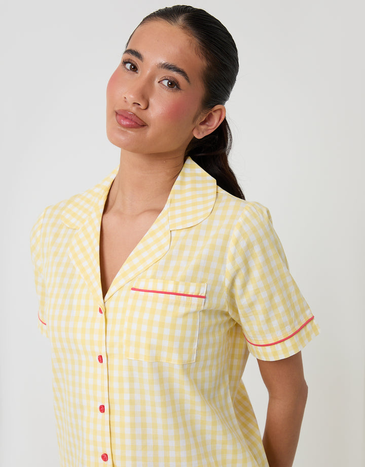 Threadbare Cotton Poplin Button Up Short Pyjama Set in Yellow Check - front view close up