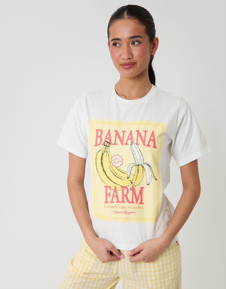 Threadbare Cotton Banana Farm Print Pyjama Set in Yellow Check - T-shirt close up