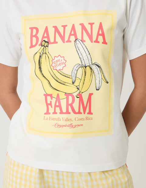 Threadbare Petite Cotton Banana Farm Print Pyjama Set in Yellow Check - chest graphic detail view