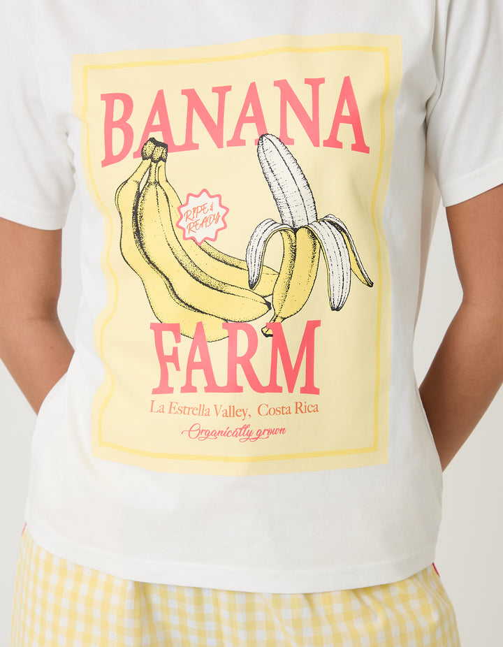 Threadbare Petite Cotton Banana Farm Print Pyjama Set in Yellow Check - chest graphic detail view