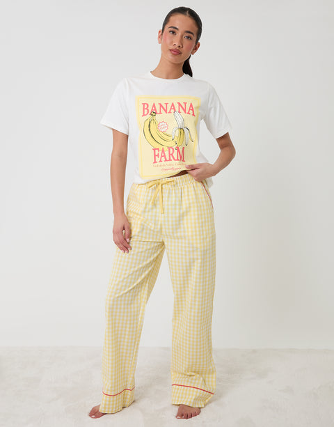 Threadbare Petite Cotton Banana Farm Print Pyjama Set in Yellow Check - full view