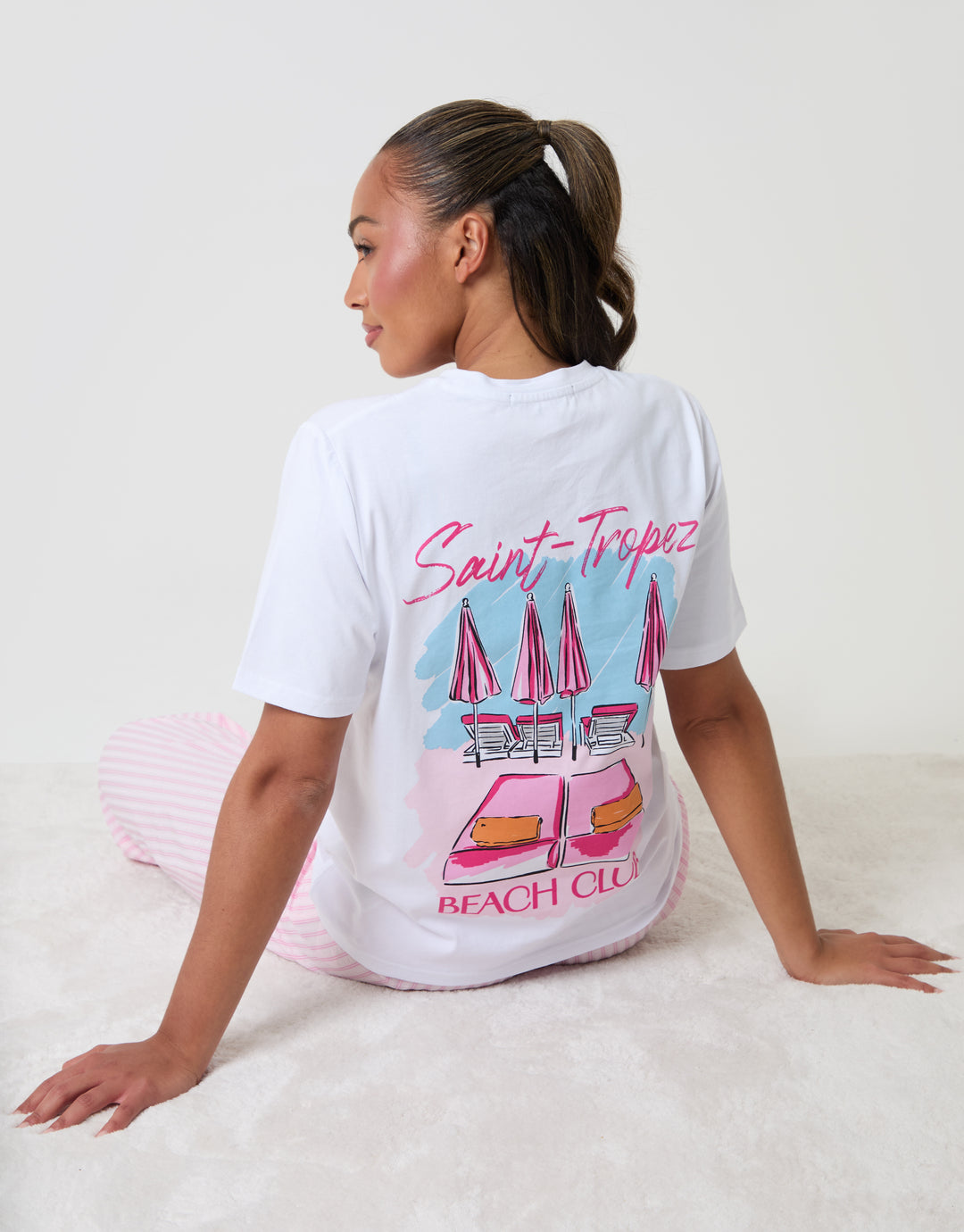 Threadbare Seersucker Saint Tropez Graphic Print Pyjama Set in Pink Stripe - back t shirt