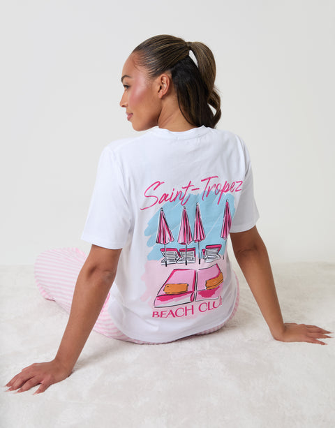 Threadbare Seersucker Saint Tropez Graphic Print Pyjama Set in Pink Stripe - back t shirt