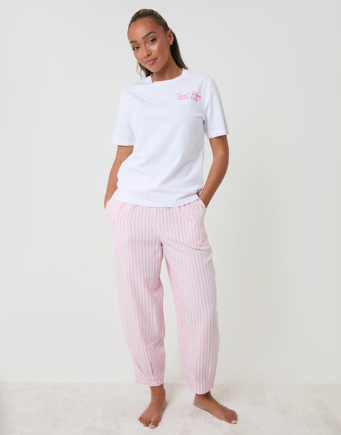 Threadbare Seersucker Saint Tropez Graphic Print Pyjama Set in Pink Stripe - full body