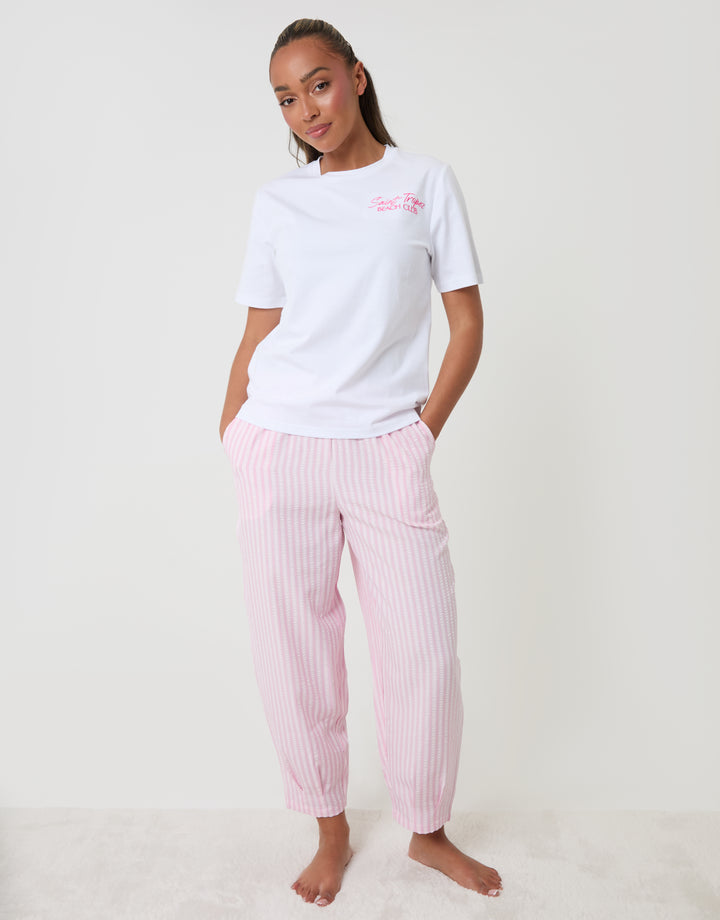 Threadbare Seersucker Saint Tropez Graphic Print Pyjama Set in Pink Stripe - full body