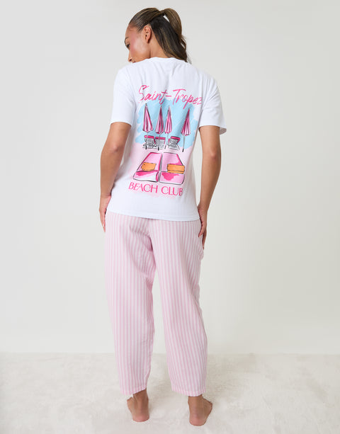 Threadbare Seersucker Saint Tropez Graphic Print Pyjama Set in Pink Stripe - back full body