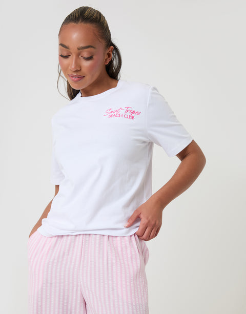 Threadbare Seersucker Saint Tropez Graphic Print Pyjama Set in Pink Stripe - close up