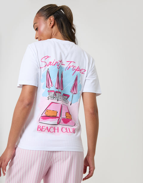 Threadbare Seersucker Saint Tropez Graphic Print Pyjama Set in Pink Stripe - back close up
