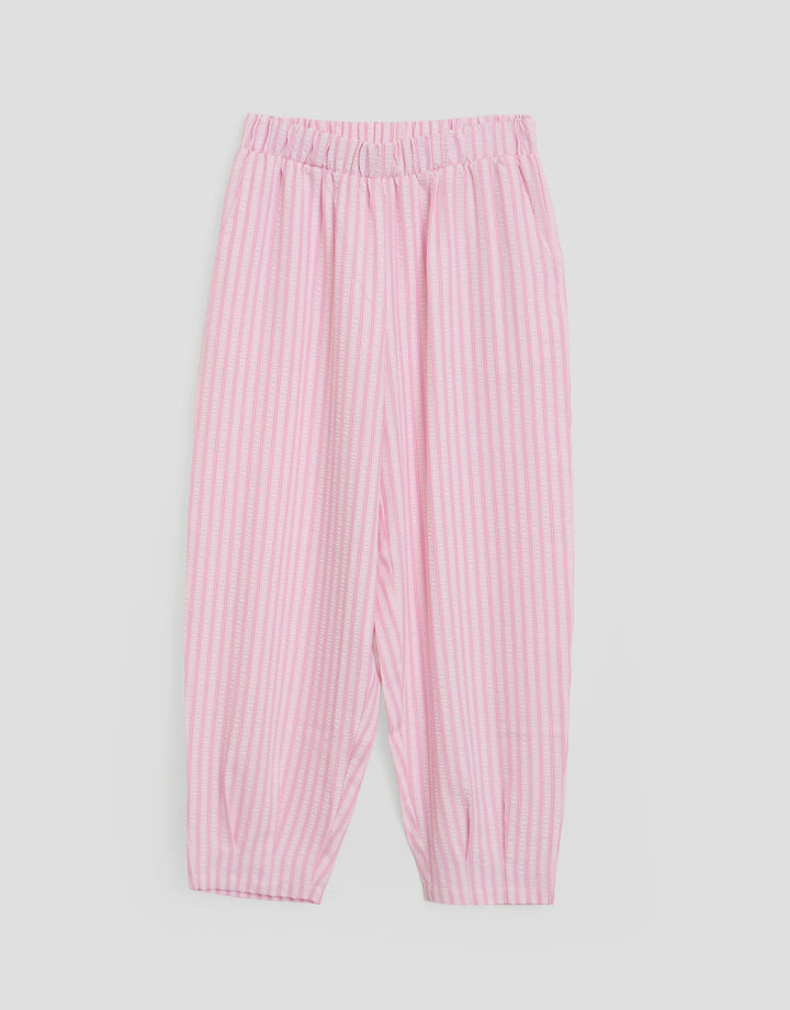 Threadbare Seersucker Saint Tropez Graphic Print Pyjama Set in Pink Stripe - flat lay bottom