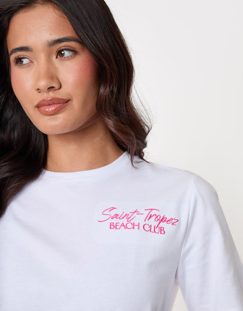 Threadbare Seersucker Saint Tropez Graphic Print Pyjama Set in Pink Stripe - chest detail