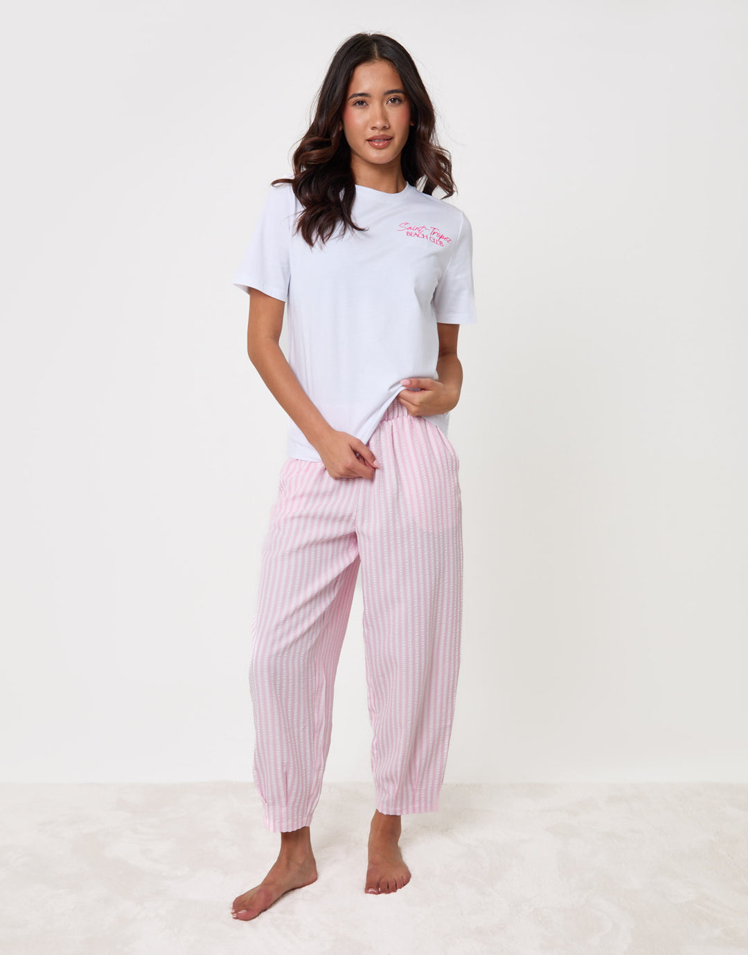 Threadbare Seersucker Saint Tropez Graphic Print Pyjama Set in Pink Stripe - full view