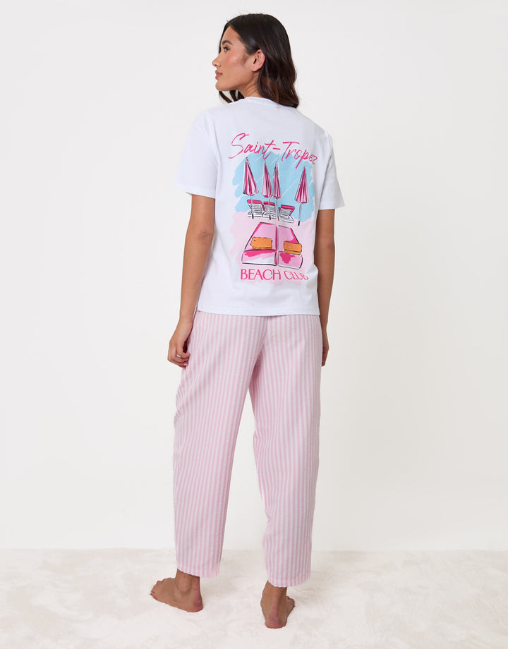 Threadbare Seersucker Saint Tropez Graphic Print Pyjama Set in Pink Stripe - full back view