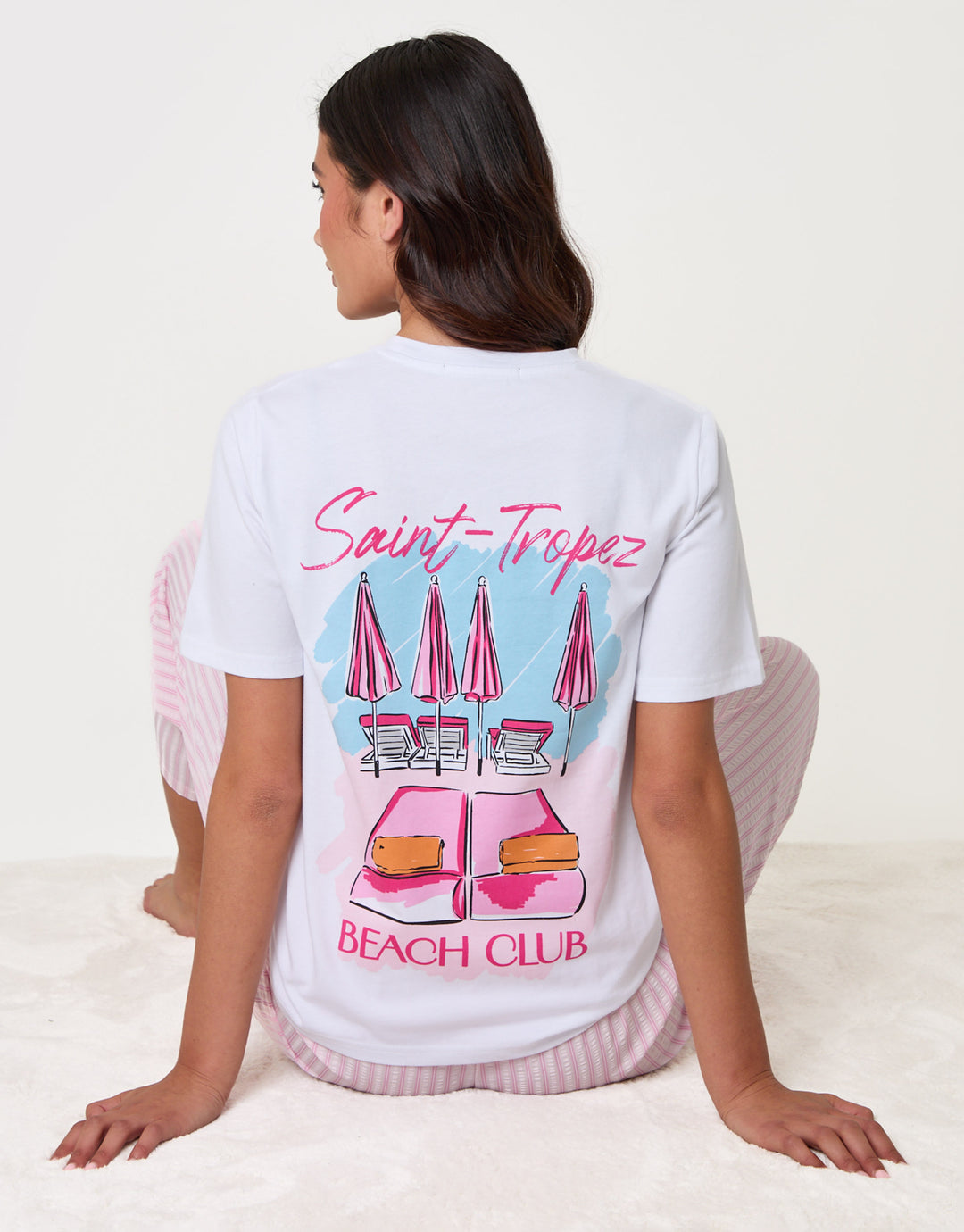Threadbare Seersucker Saint Tropez Graphic Print Pyjama Set in Pink Stripe - sat down back