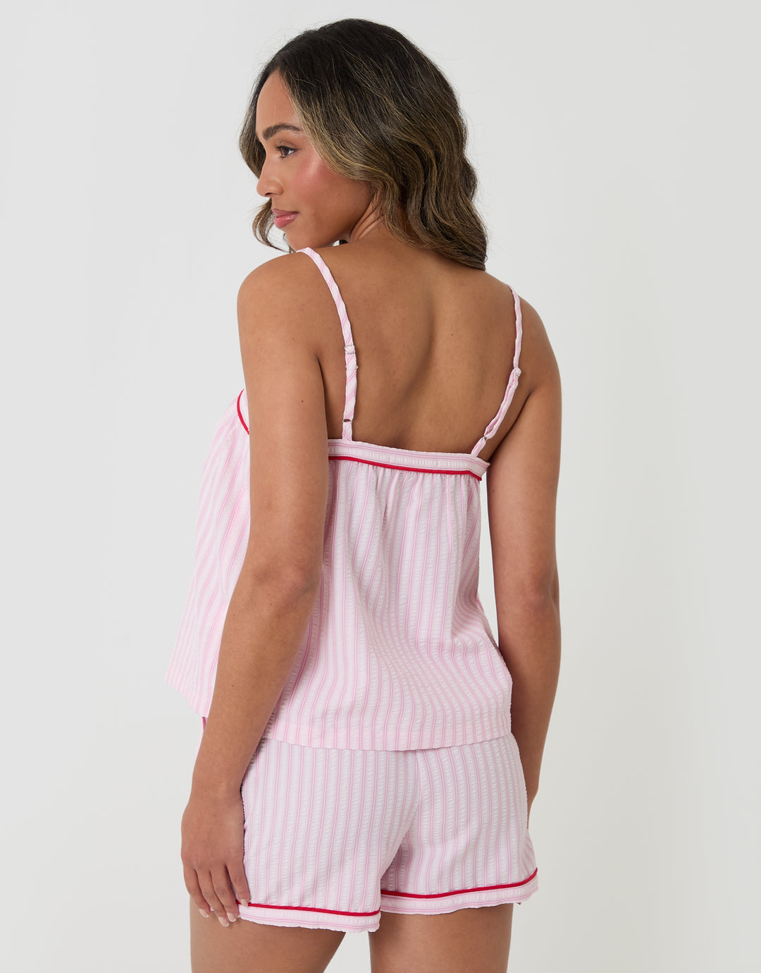 Threadbare A-Line Cami Seersucker Shortie Pyjama Set in Pink Stripe - back view