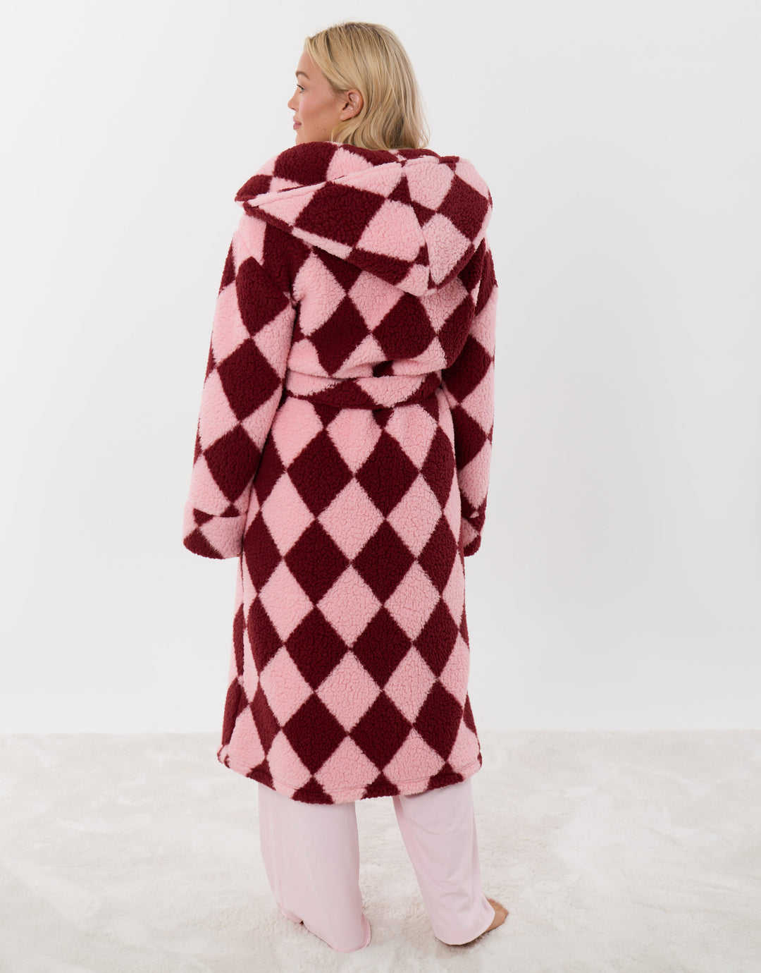 Threadbare Harlequin Hooded Dressing Gown in Pink & Red - back view