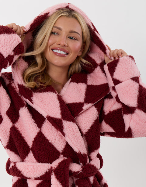 Threadbare Harlequin Hooded Dressing Gown in Pink & Red - close up