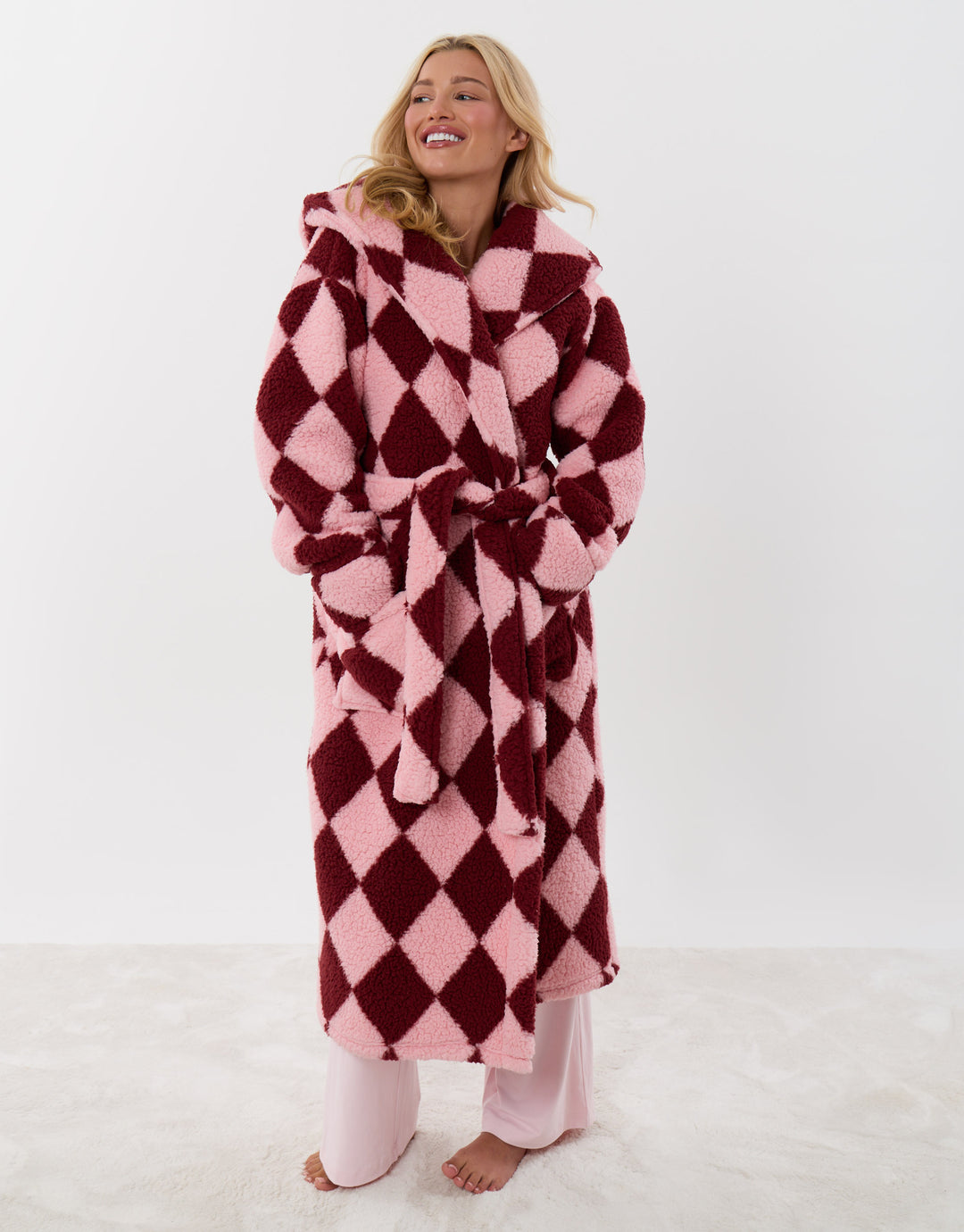 Threadbare Harlequin Hooded Dressing Gown in Pink & Red - front full body