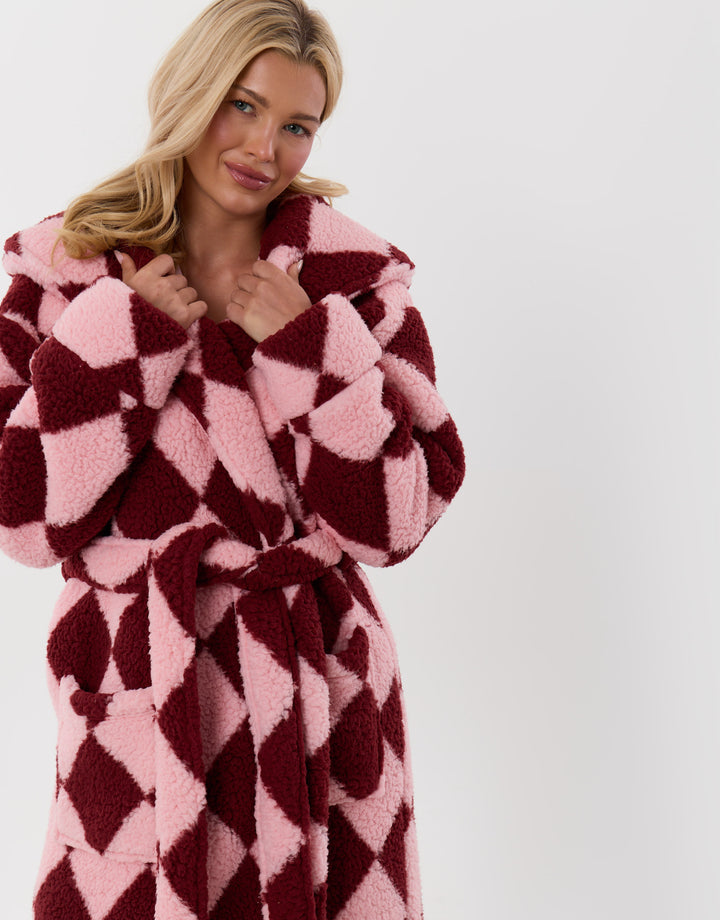 Threadbare Harlequin Hooded Dressing Gown in Pink & Red - front view pose