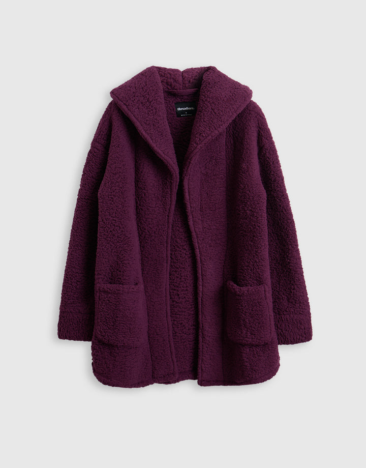 Sherpa Fleece Open Dressing Gown in Plum