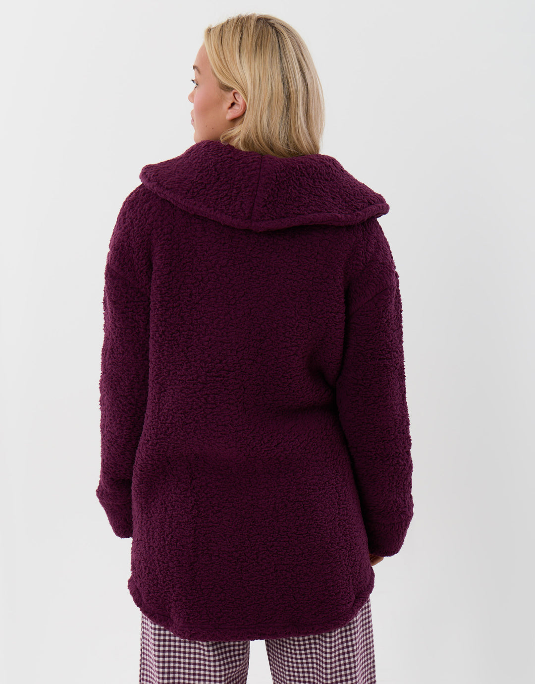 Threadbare Sherpa Fleece Open Dressing Gown in Plum - back view