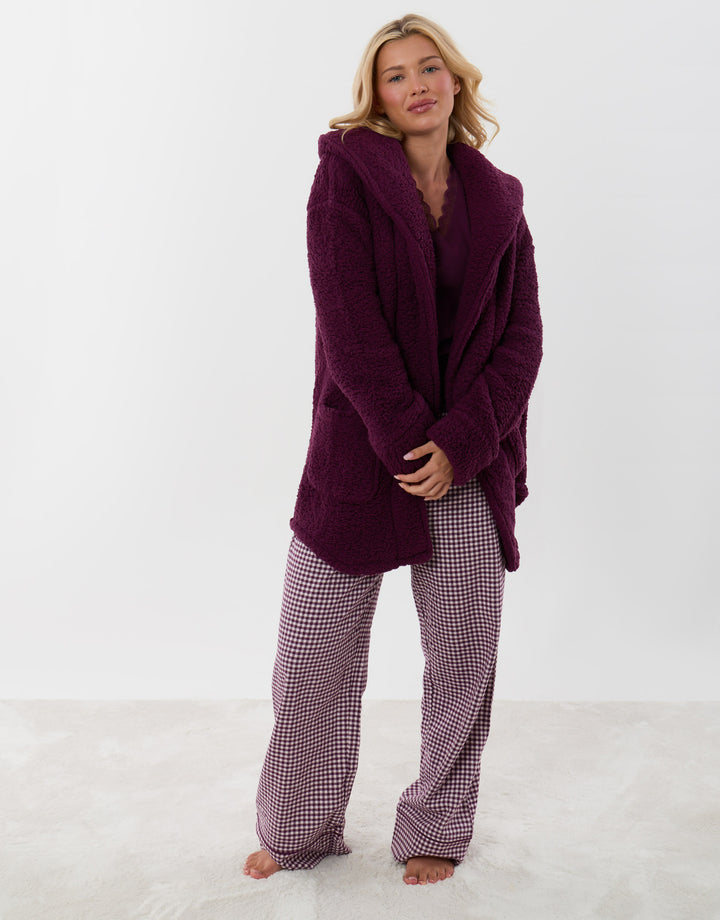 Threadbare Sherpa Fleece Open Dressing Gown in Plum - full body