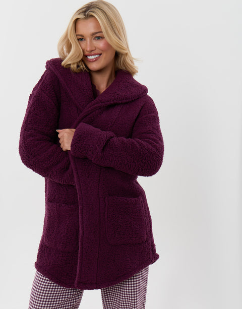 Threadbare Sherpa Fleece Open Dressing Gown in Plum - front view