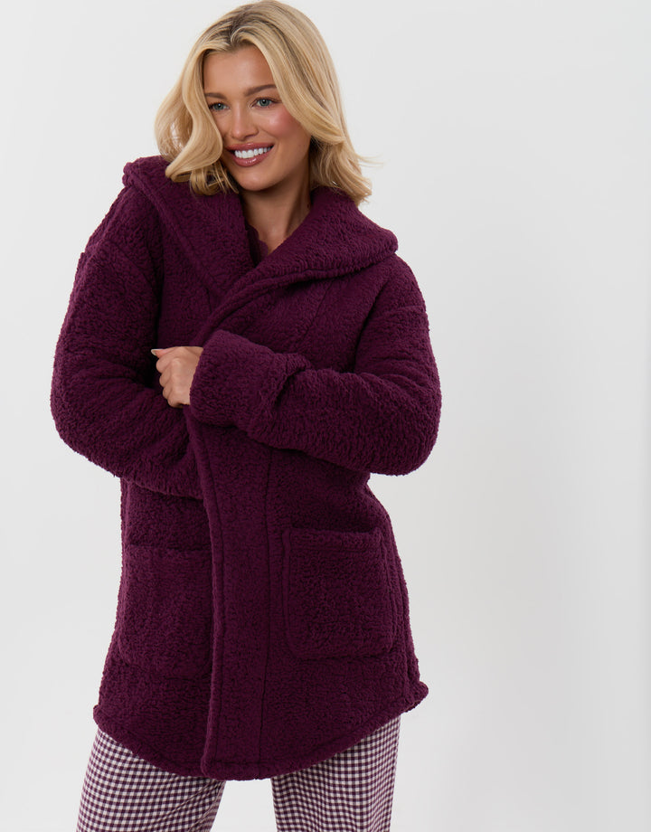Threadbare Sherpa Fleece Open Dressing Gown in Plum - front view