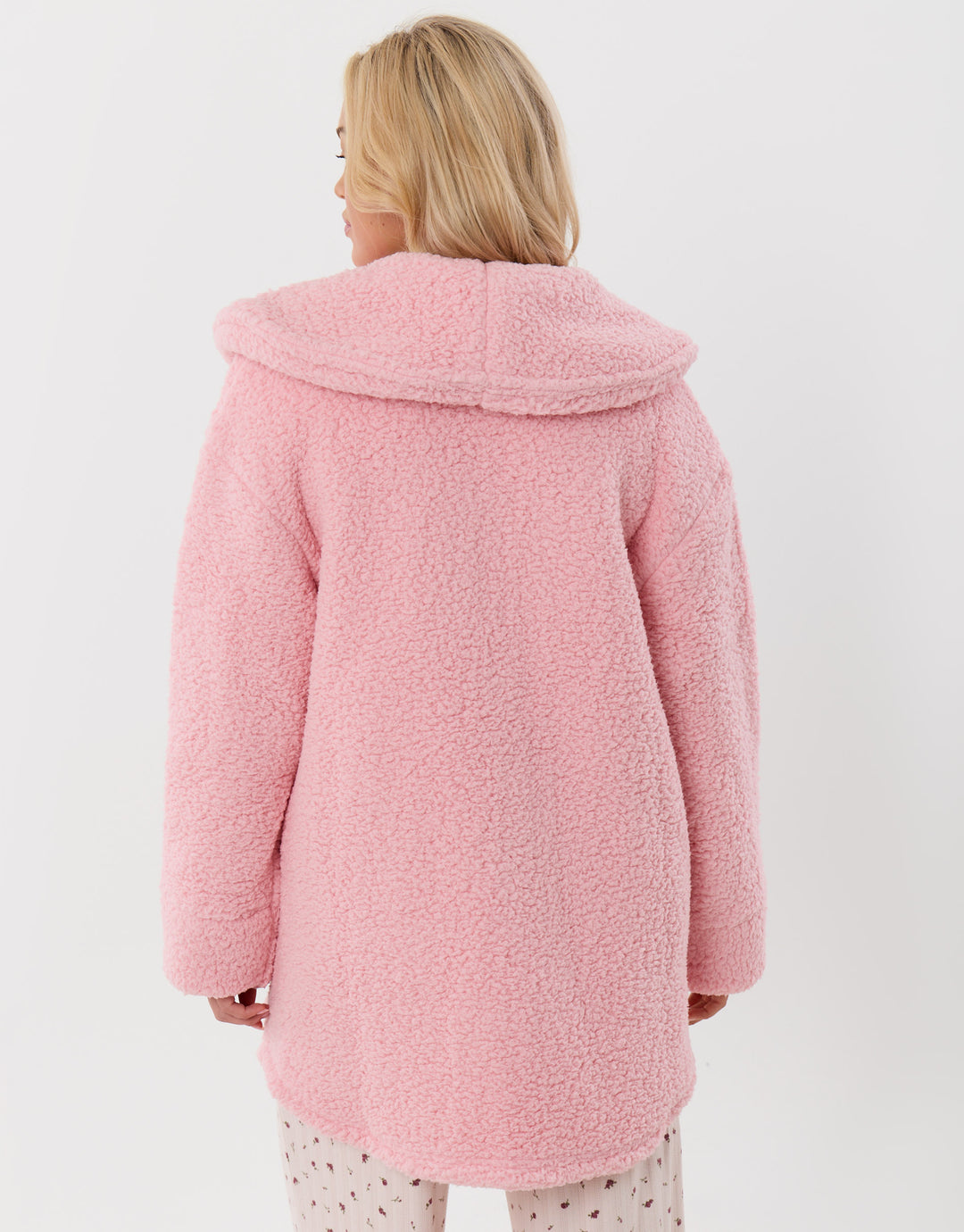 Threadbare Sherpa Fleece Open Dressing Gown in Pink - back view
