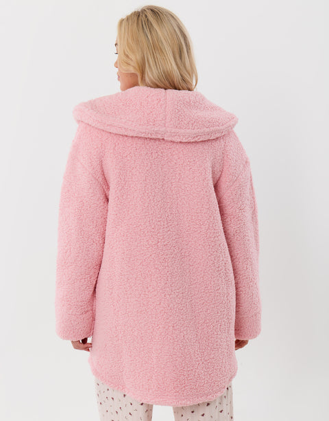 Threadbare Sherpa Fleece Open Dressing Gown in Pink - back view