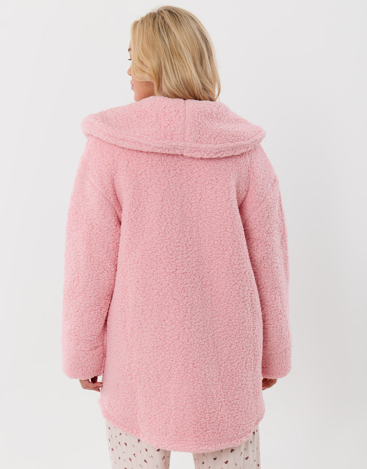 Threadbare Sherpa Fleece Open Dressing Gown in Pink - back view
