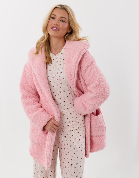 Threadbare Sherpa Fleece Open Dressing Gown in Pink - front view