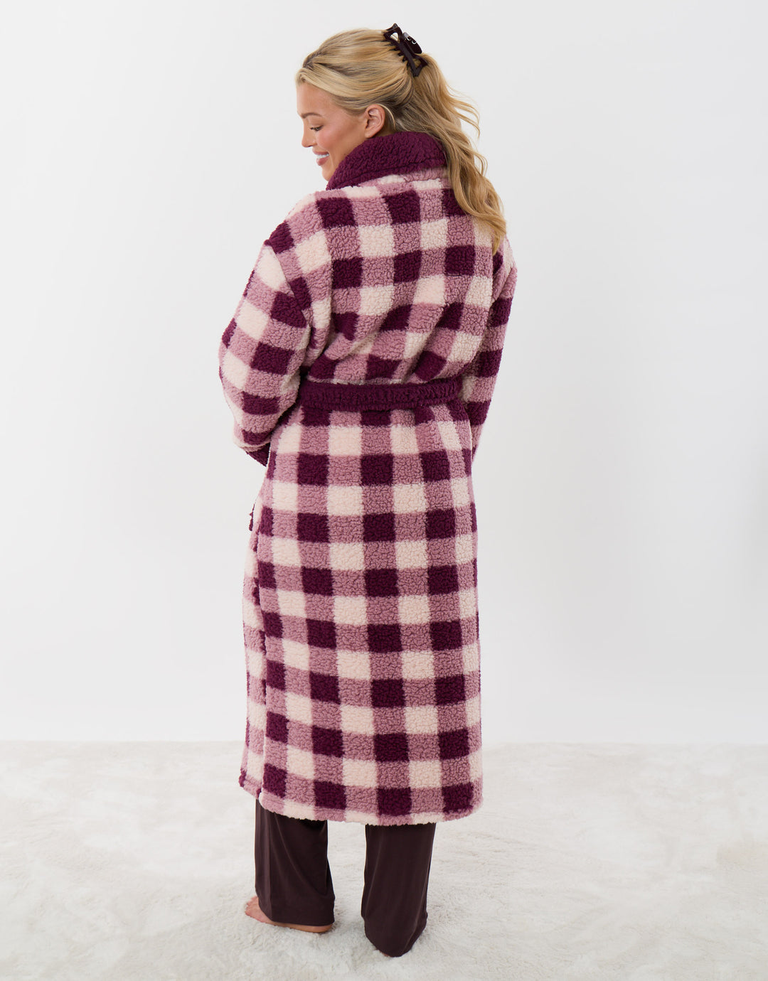 Threadbare Borg Dressing Gown in Plum Check - back view