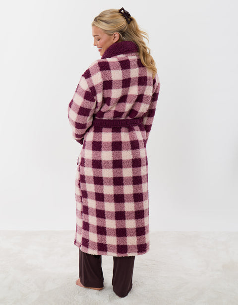 Threadbare Borg Dressing Gown in Plum Check - back view