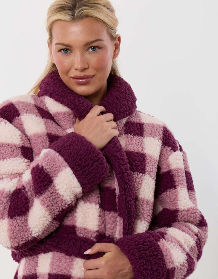 Threadbare Borg Dressing Gown in Plum Check - close up
