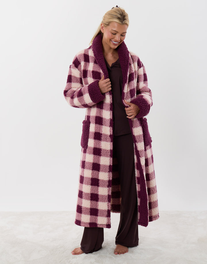 Threadbare Borg Dressing Gown in Plum Check - full body