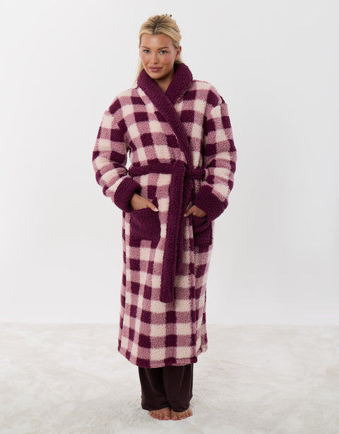 Threadbare Borg Dressing Gown in Plum Check - front view
