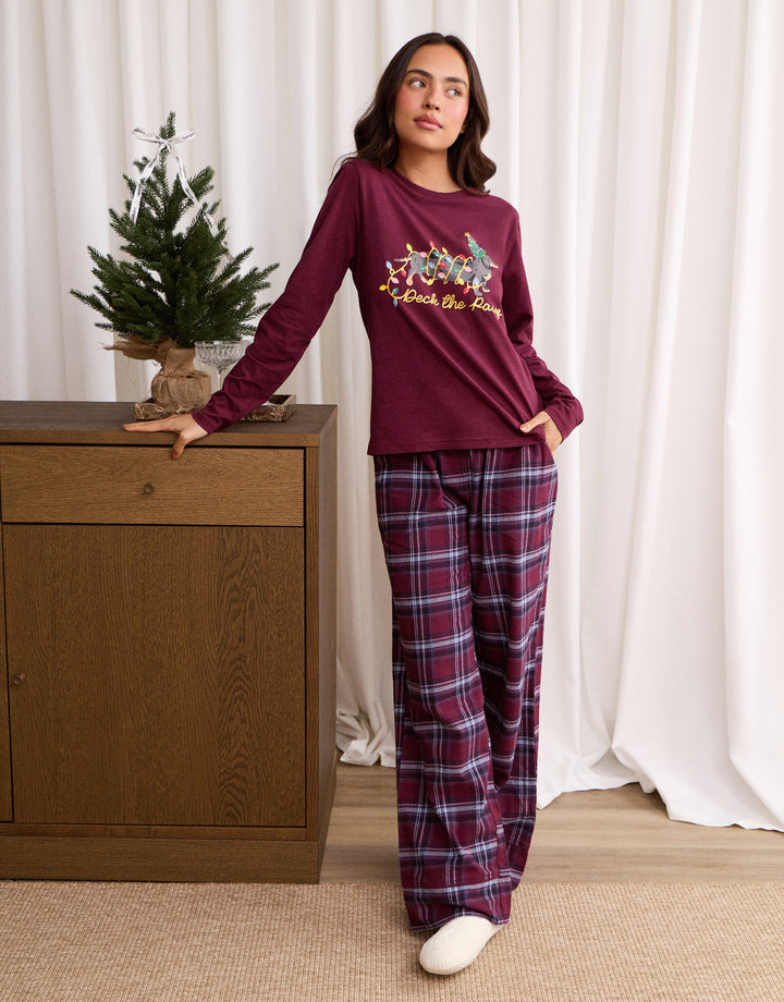 Cotton Deck the Paws Christmas Pyjama Set in Burgundy Check