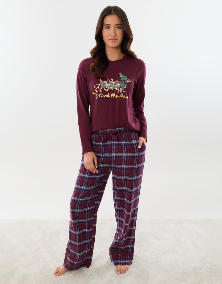 Cotton Deck the Paws Christmas Pyjama Set in Burgundy Check