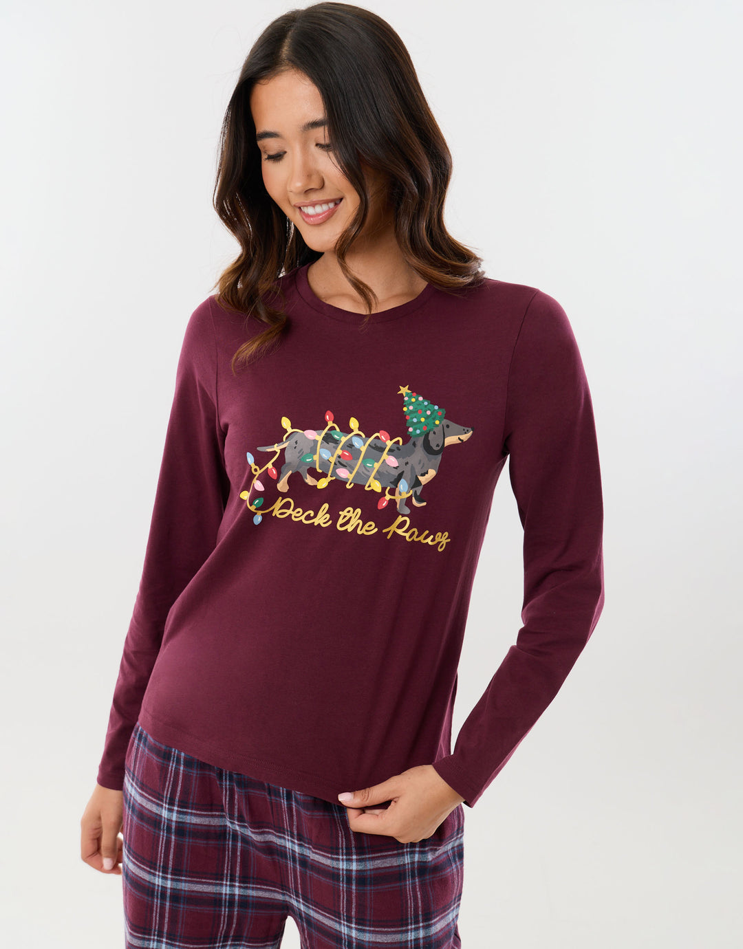 Cotton Deck the Paws Christmas Pyjama Set in Burgundy Check