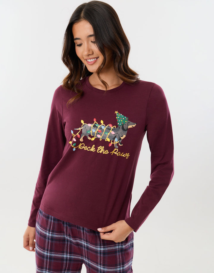 Cotton Deck the Paws Christmas Pyjama Set in Burgundy Check