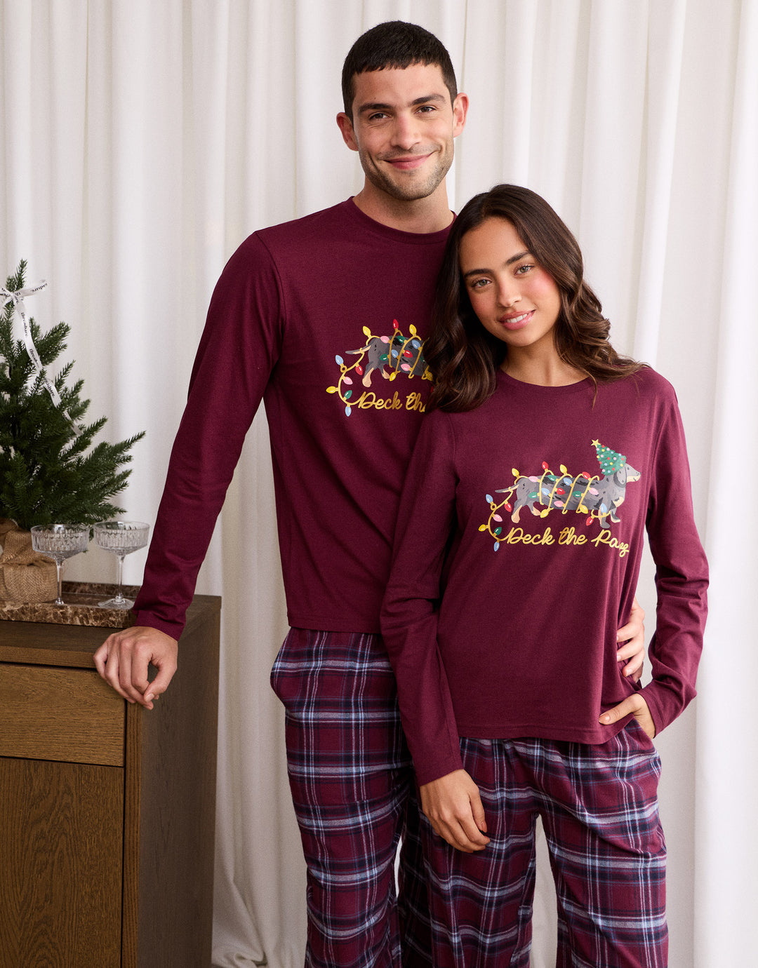 Cotton Deck the Paws Christmas Pyjama Set in Burgundy Check