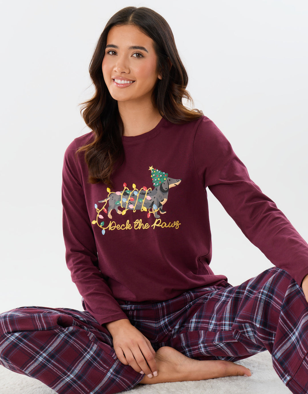 Petite Cotton Deck the Paws Christmas Pyjama Set in Burgundy Check