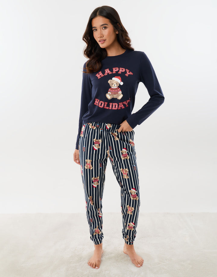 Cotton Teddy Bear Print Christmas Pyjama Set in Navy Stripe