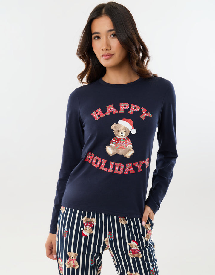Cotton Teddy Bear Print Christmas Pyjama Set in Navy Stripe