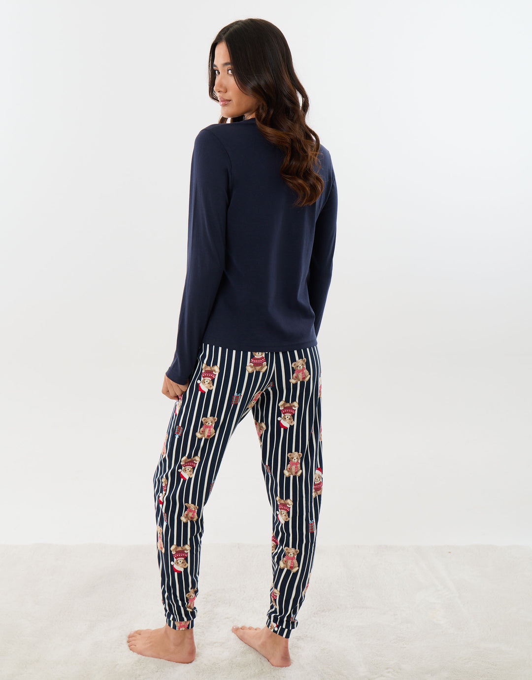 Cotton Teddy Bear Print Christmas Pyjama Set in Navy Stripe