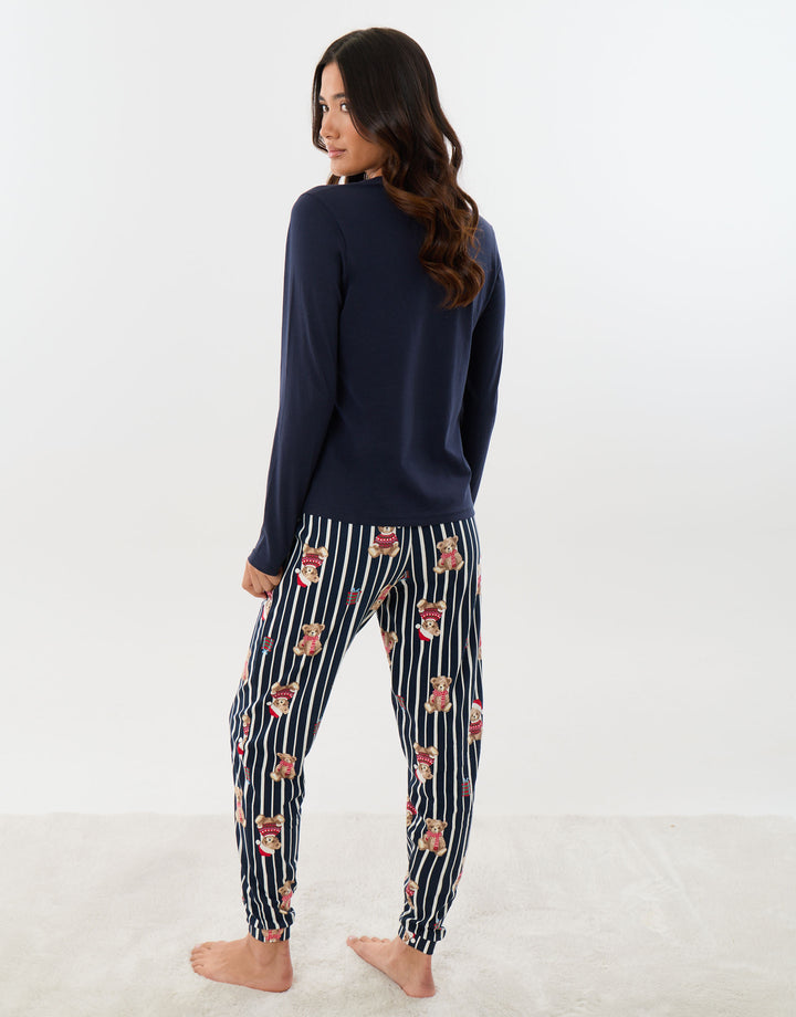 Cotton Teddy Bear Print Christmas Pyjama Set in Navy Stripe