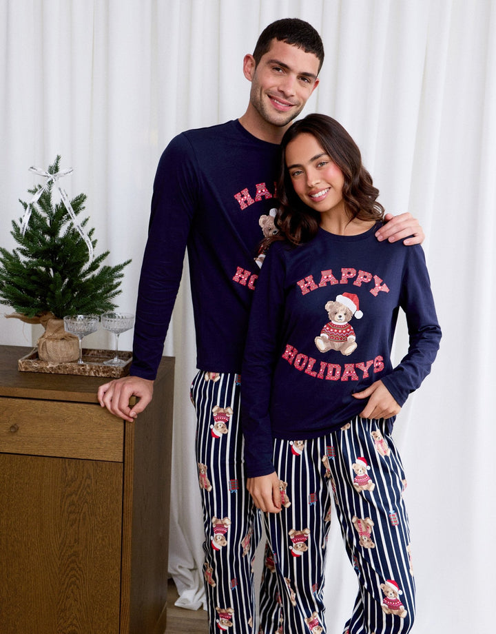 Petite Cotton Teddy Bear Print Christmas Pyjama Set in Navy Stripe