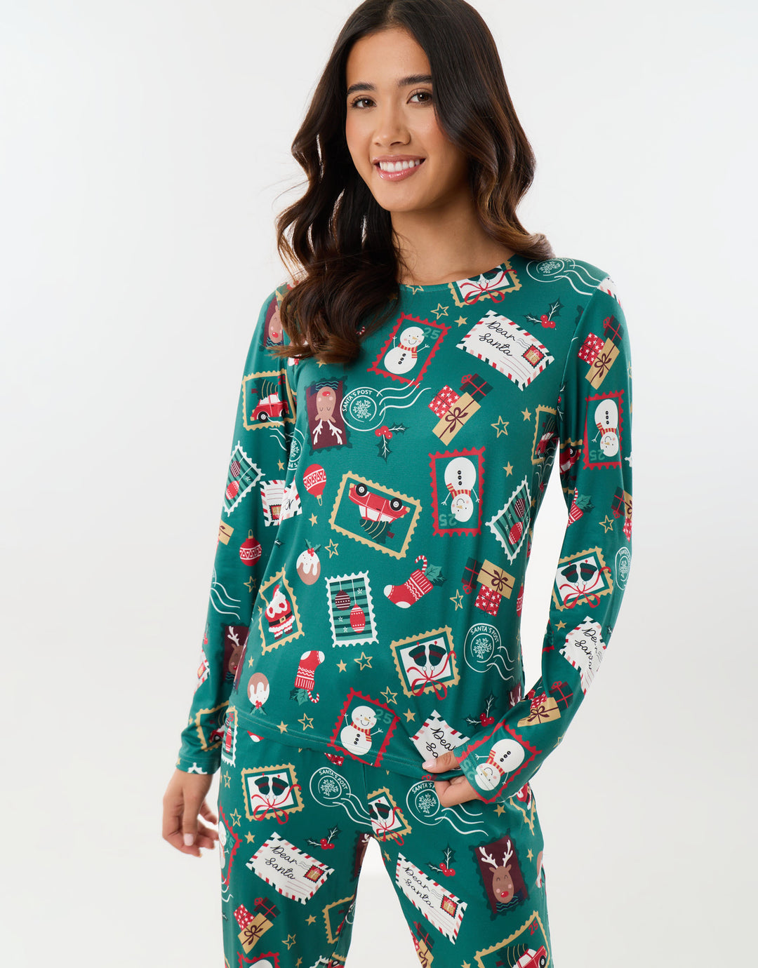 Stamp Print Christmas Pyjama Set in Green