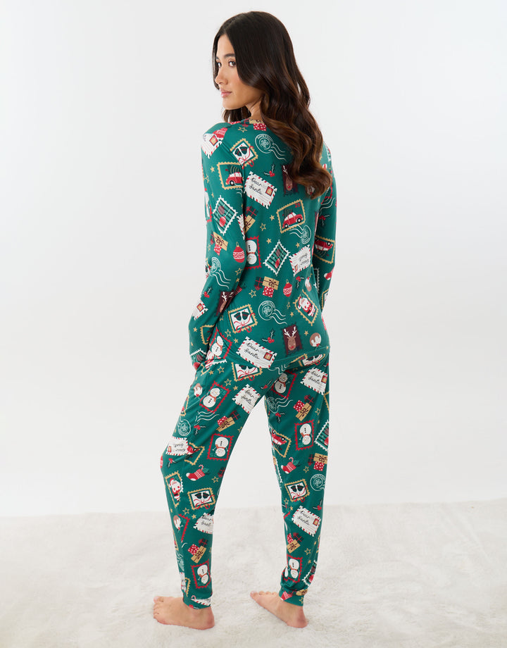 Stamp Print Christmas Pyjama Set in Green